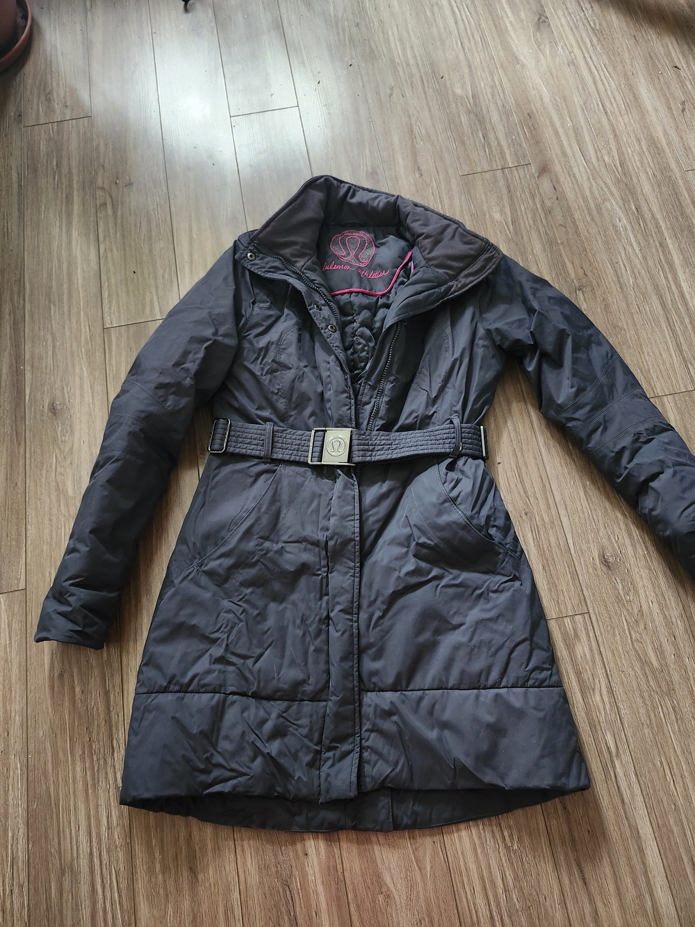 lululemon athletica Black Quilted Belted Puffer Coat with Pink Trim